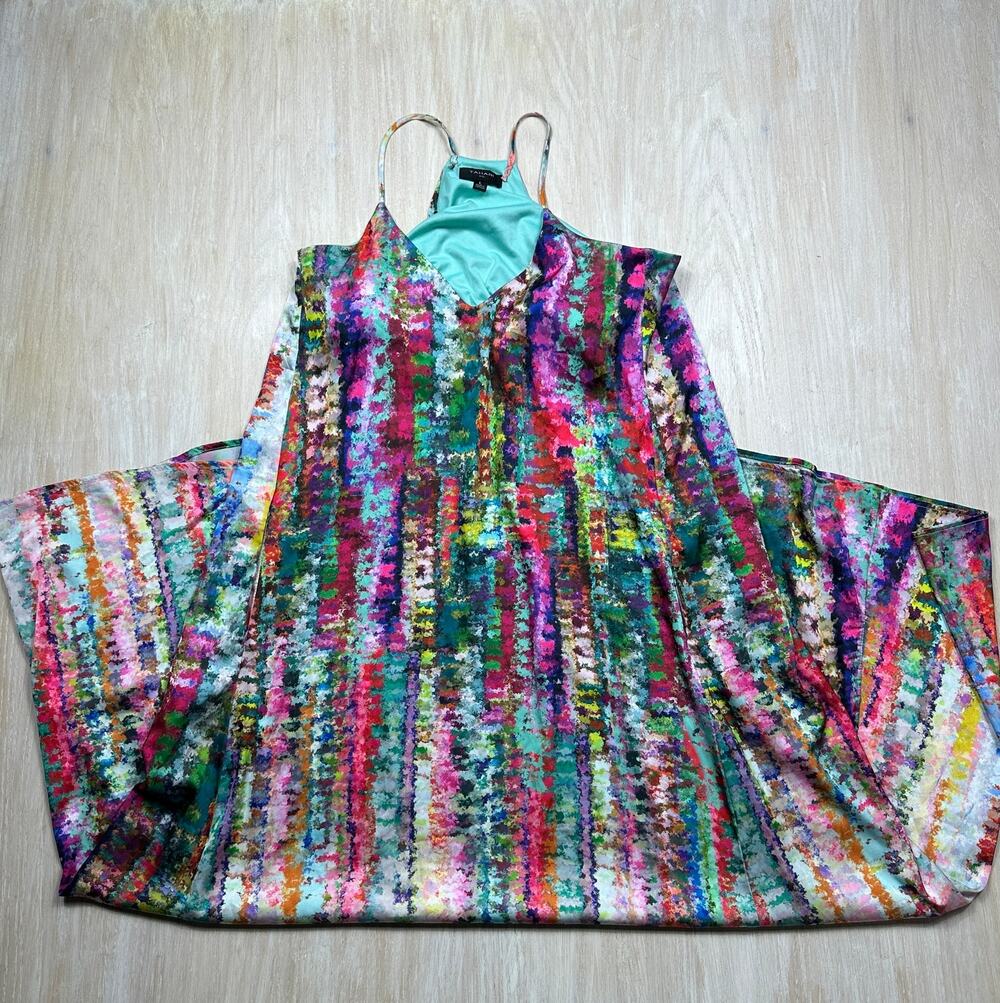 Tahari ASL Multicolor Abstract Print Spaghetti Strap Flowy Maxi Resort Dress LG
